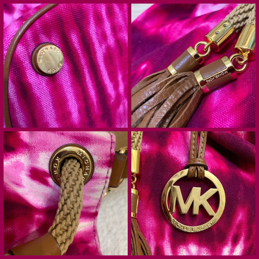 MICHAEL KORS MARINA Large Gathered Pink Tie-Dyed Canvas Drawstring Tassel Tote - Picture 15 of 15
